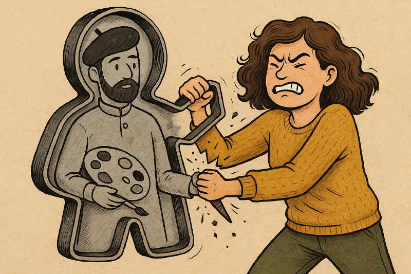 A woman fighting with a cookie cutter type mould that appears to be a stereotypical painter artist with a paintbrush and pallet wearing a beret
