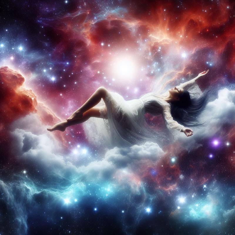 Woman Floating in Nebula - Created with Bing AI Copolit A woman in a flowy dress floats serenely with her arms open wide and her eyes closed amongst stars and nebula